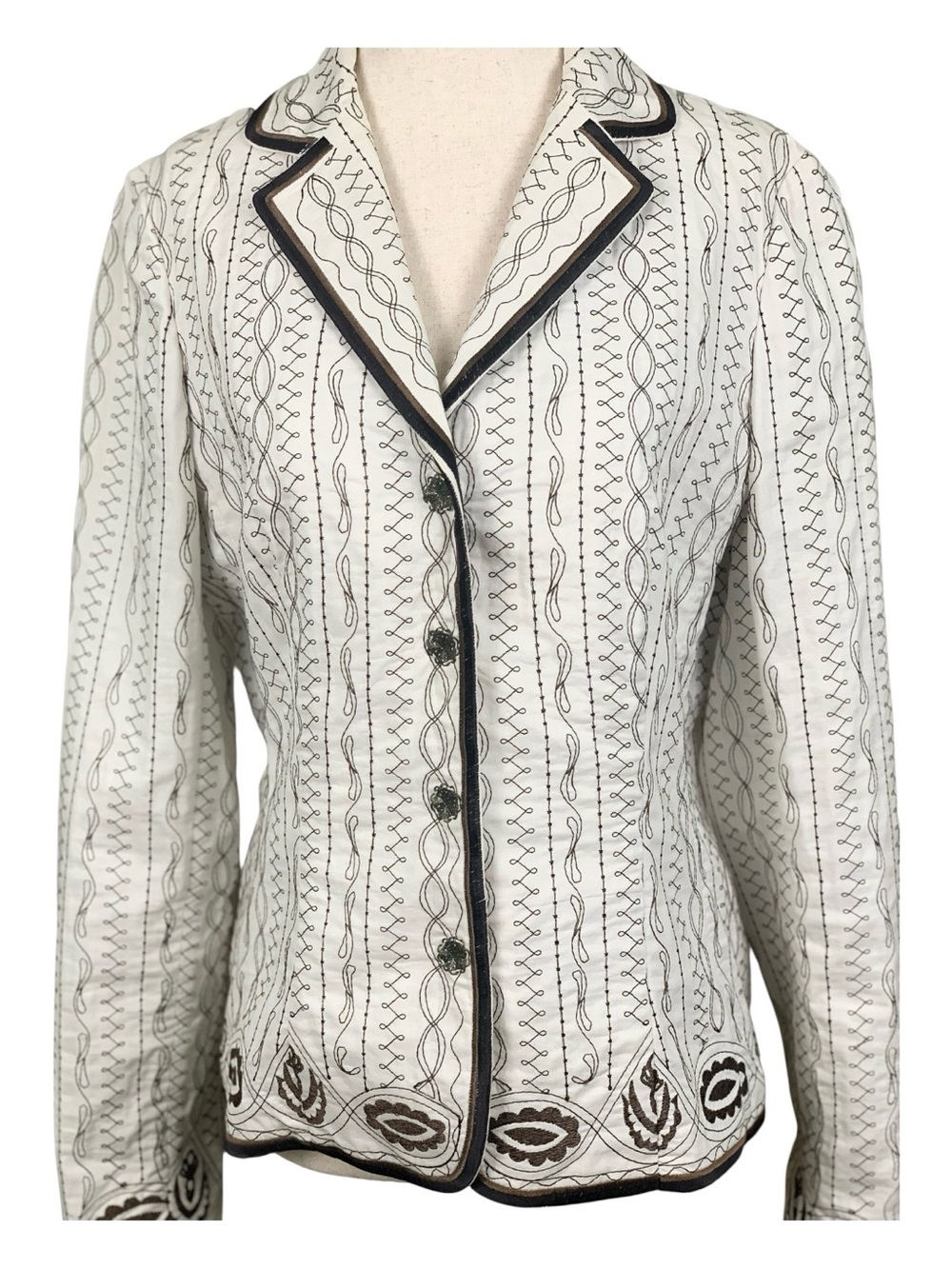 Tahari Cream 100% Cotton Embroidered Button-Front Scroll Print Jacket Blazer 6